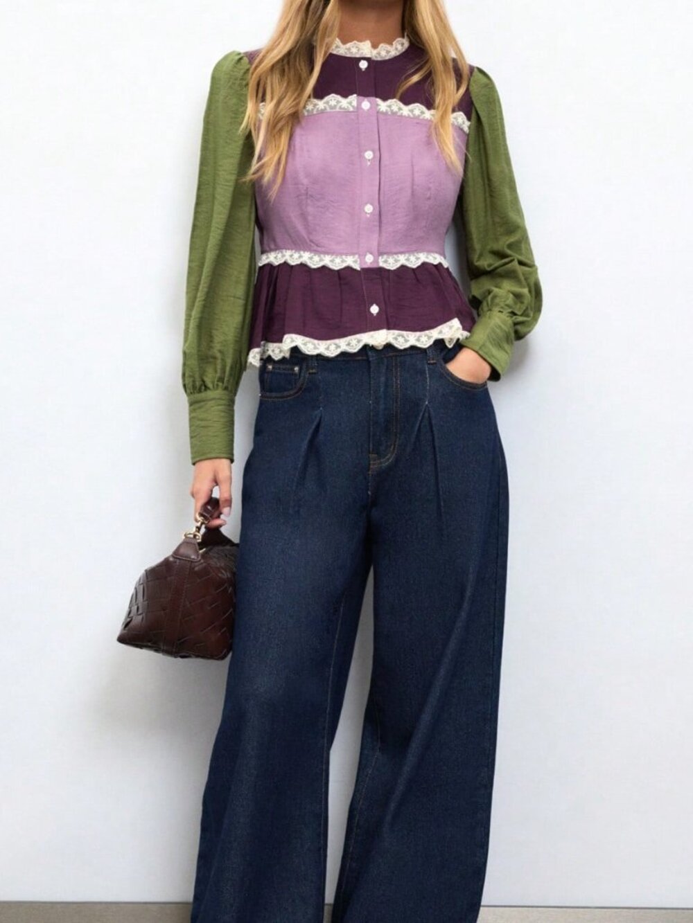 Purple Elegant Women's Colorblock Lace Trim Peplum Blouse - Picture 4 of 7